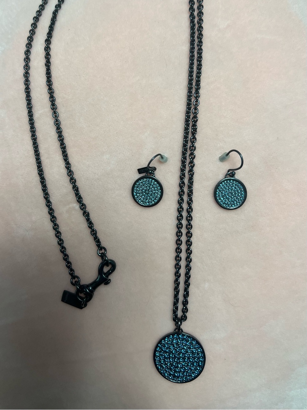 Coach Black Chain Necklace and Earring Set with Blue/Teal Crystal Discs